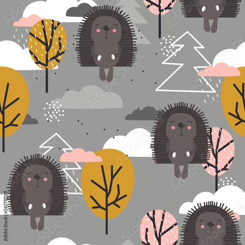Happy hedgehogs, trees, hand drawn backdrop. Colorful seamless pattern with a...