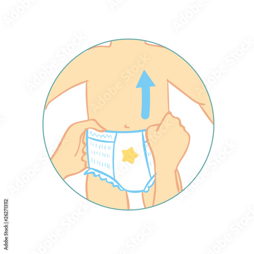 Diaper panties for baby infographics. How to wear diaper panties. kids pants, with characteristic of icons. Moisture resistance, ventilation, elasticity, antibacterial.