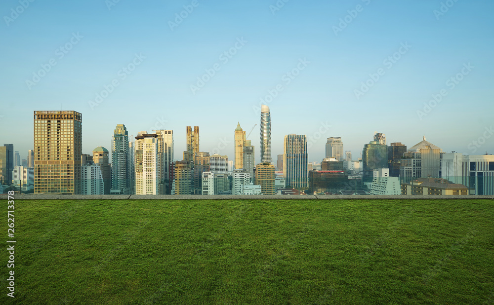 Cityscape early morning view of Bangkok modern office business building and high skyscraper in business district with green grass in front . Cityscape early morning view of Bangkok modern office business building and high skyscraper in business district with green grass in front .