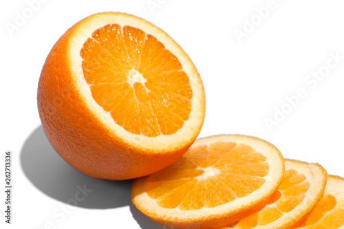 Ripe juicy delicious orange on white background. Healthy eating and dieting concept