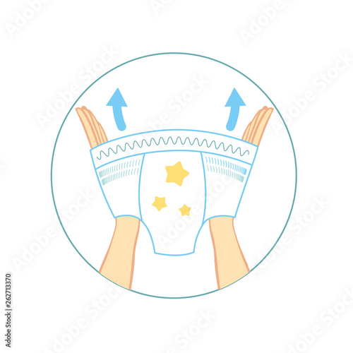 Diaper panties for baby infographics. kids pants, with characteristic of icons. Moisture resistance, ventilation, elasticity, antibacterial.