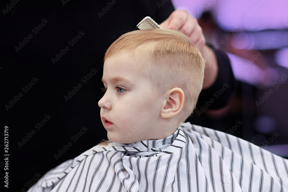 Cute blond baby boy in a barber shop having haircut by hairdresser. Hands  of stylist with hairbrush. Children fashion. Indoors, back view, copy  space. Stock Photo | Adobe Stock