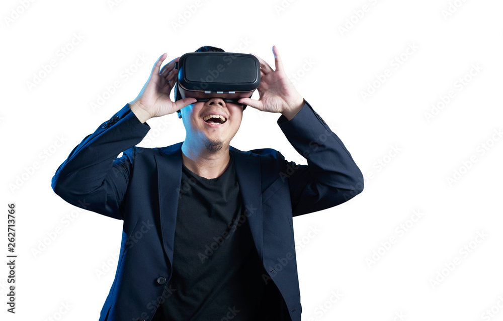 Asian businessman be excited during the view of VR experience isolated on white background Asian businessman be excited during the view of VR experience isolated on white background