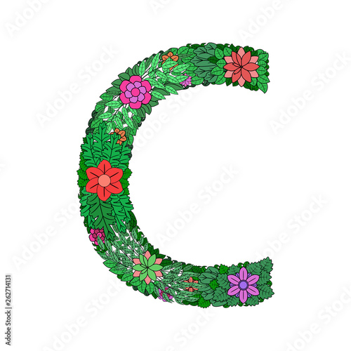 The letter C -  bright element of the colorful floral alphabet on a white background. Made from flowers  twigs and leaves. Floral spring ABC element in vector.