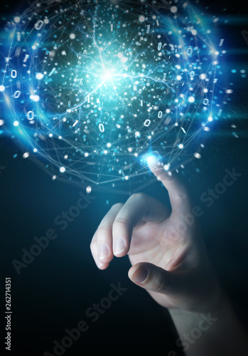 Businessman hand creating renewable and sustainable eco energy with electrical sphere 3D rendering