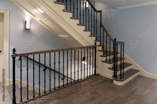 Staircase with cast iron balusters and wooden steps