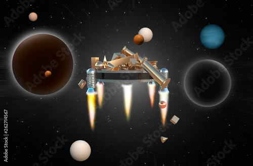 Space platform loaded with gold. 3D rendering photo