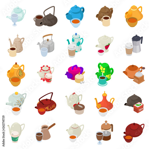 Tea day icons set. Isometric set of 25 tea day vector icons for web isolated on white background