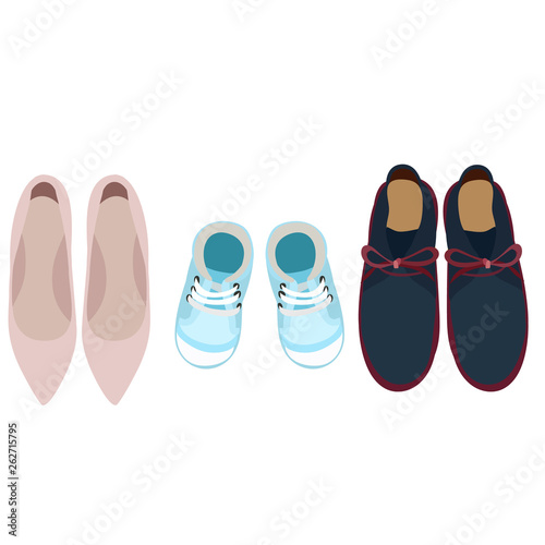 vector, in isolation, shoes for men, women, children, top view, family