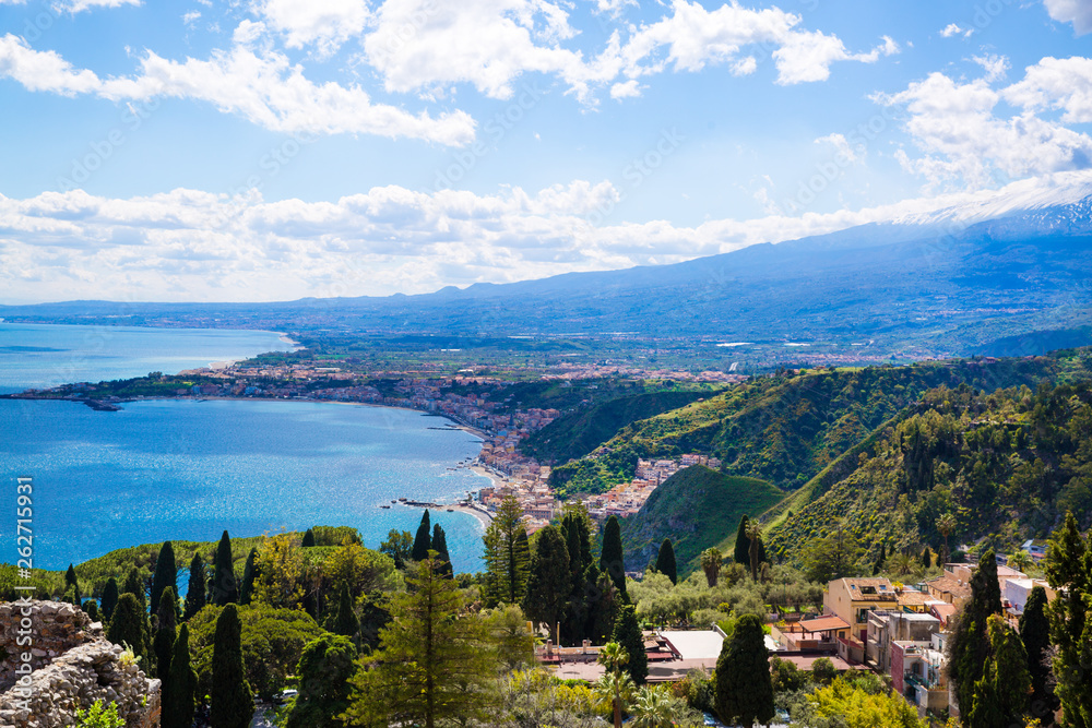 Fototapeta premium Sicily coastline, Etna volcano and Mediterranean sea. Aerial panoramic view. 