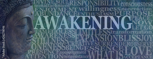 Buddha Spiritual Awakening Word Tag Cloud - Deity Buddha head on left with the word AWAKENING beside surrounded by a word cloud on a rustic blue background  photo