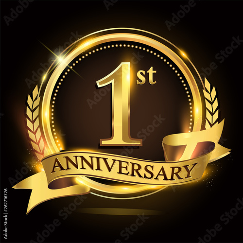 1st golden anniversary logo with ring and ribbon, laurel wreath vector design.