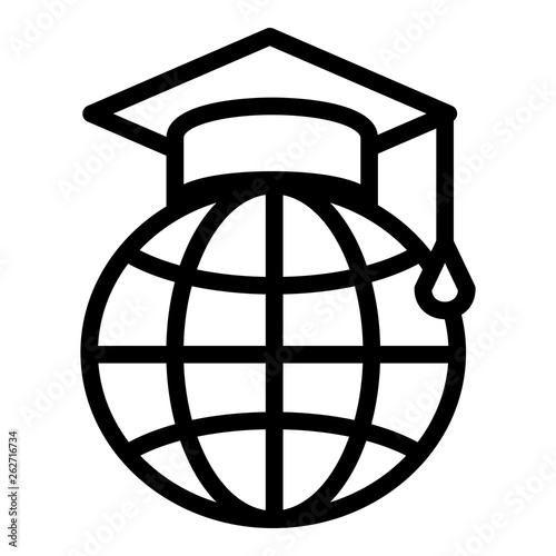 Oxford cap on the globe icon. Outline oxford cap on the globe vector icon for web design isolated on white background