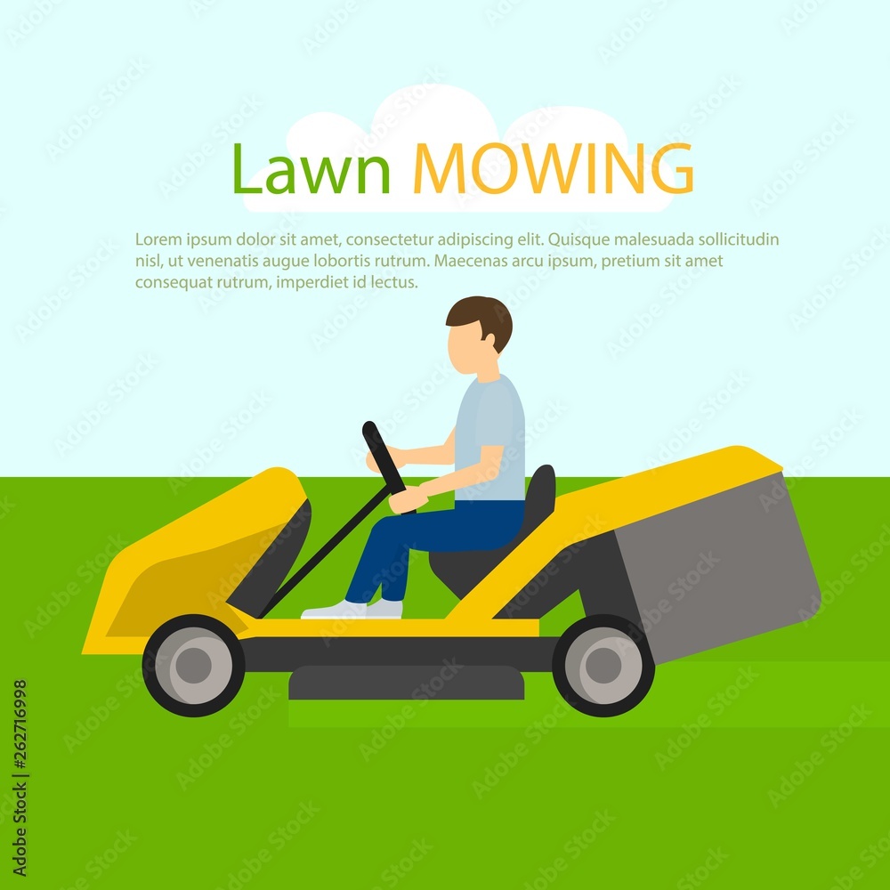 Tractor lawn mowing concept background. Flat illustration of tractor lawn mowing vector concept background for web design