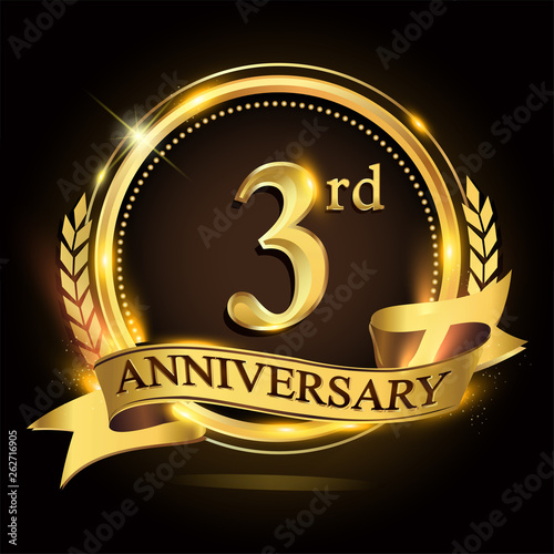 3rd golden anniversary logo with ring and ribbon, laurel wreath vector design.