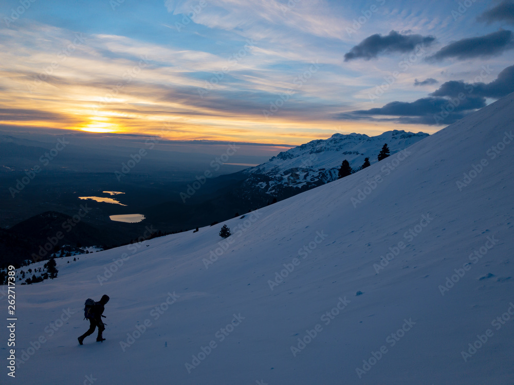 mountain climbing activity and spectacular landscape at dawn