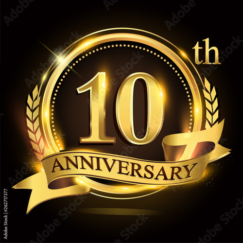 10th golden anniversary logo with ring and ribbon, laurel wreath vector design.