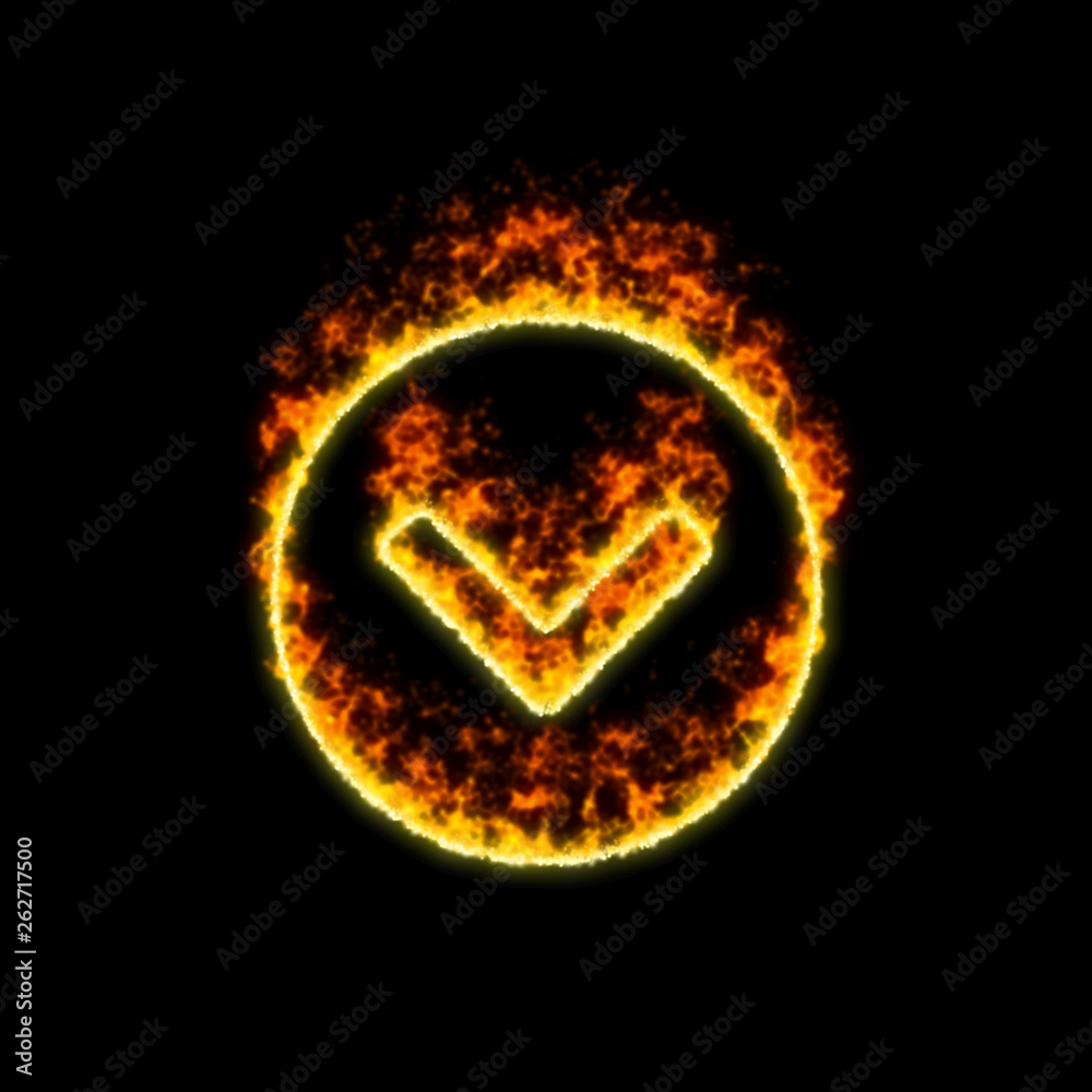 The symbol chevron circle down burns in red fire The symbol chevron circle down burns in red fire