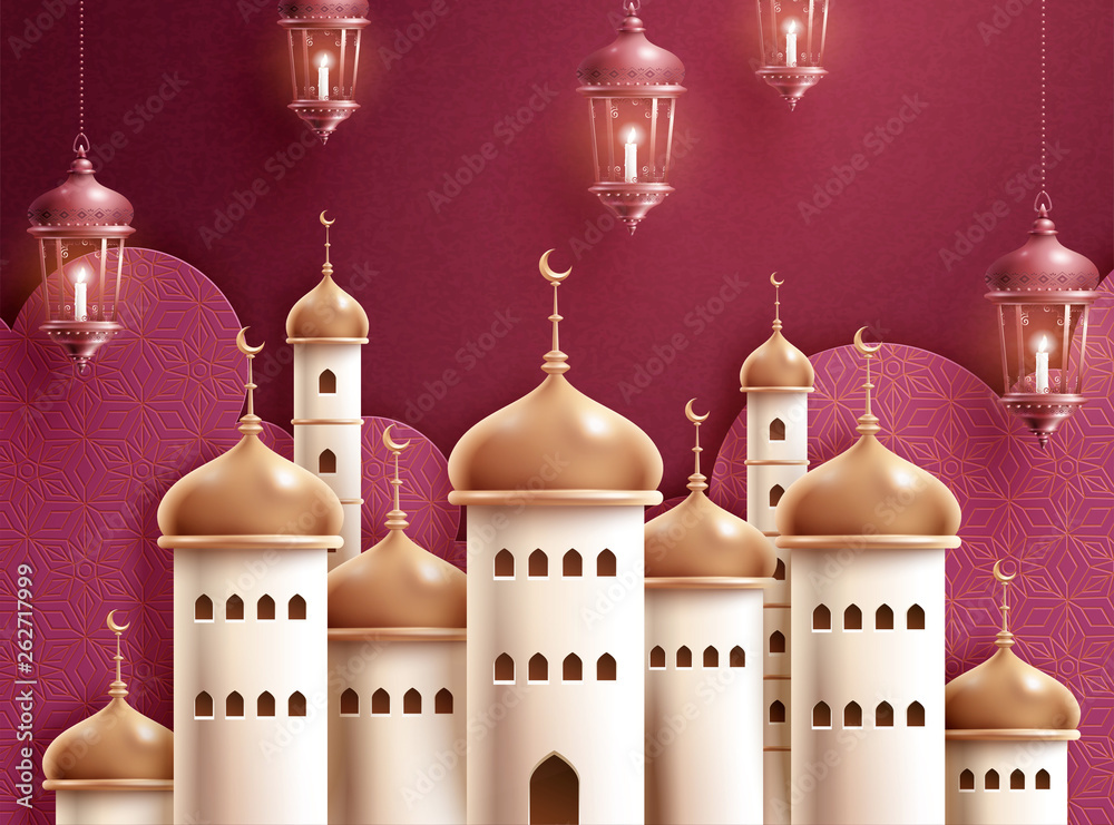Hanging lanterns with golden mosque