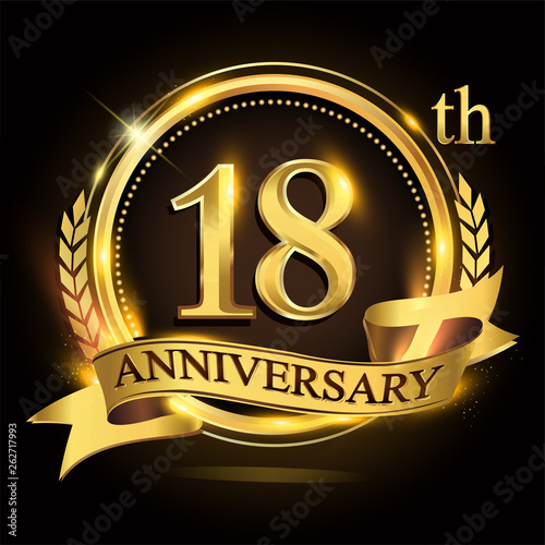 18th golden anniversary logo with ring and ribbon, laurel wreath vector design.