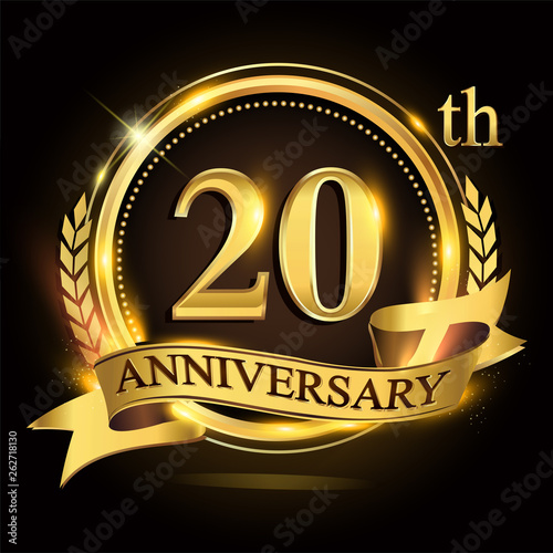 20th golden anniversary logo with ring and ribbon, laurel wreath vector design.