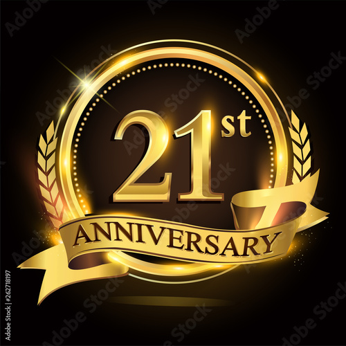21st golden anniversary logo with ring and ribbon, laurel wreath vector design.