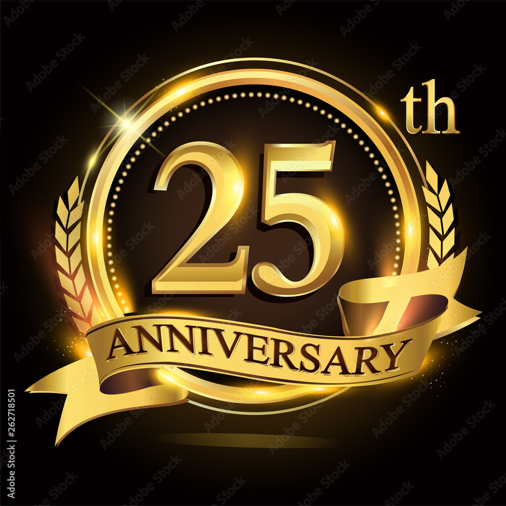 25th golden anniversary logo with ring and ribbon, laurel wreath vector design.