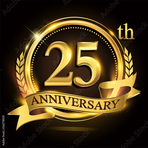 Obraz na płótnie 25th golden anniversary logo with ring and ribbon, laurel wreath vector design. w salonie