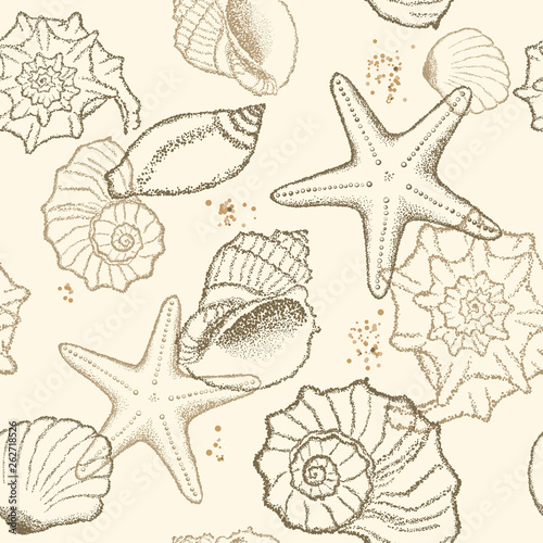 Seashells on a sandy background. Vector seamless pattern. Dot design.