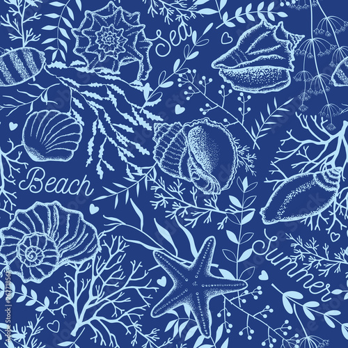 Seashells and seaweed on a blue background. Underwater scene. Vector seamless pattern.