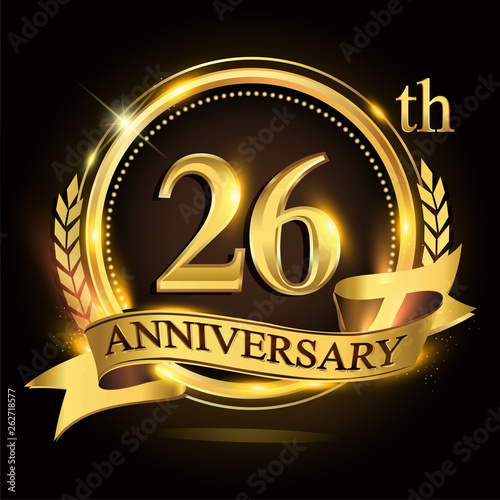 26th golden anniversary logo with ring and ribbon, laurel wreath vector design.