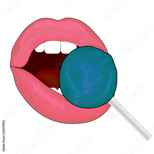 Mouth licking lollipop, red female glossy lips and pink candy on a stick vector