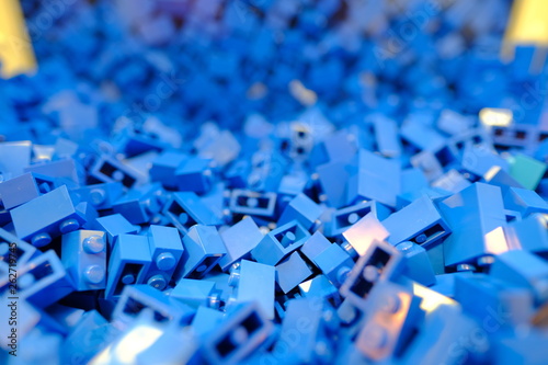 Multiple blue color plastic construction toys bricks or colorful interlocking plastic 