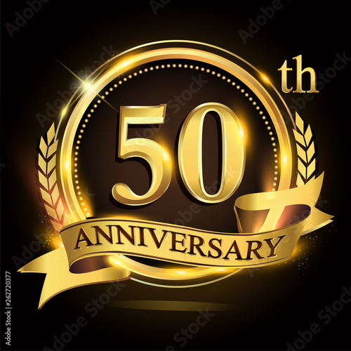 Photo 50th golden anniversary logo with ring and ribbon, laurel wreath vector design