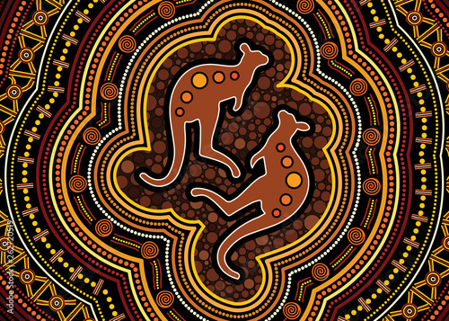Aboriginal art vector painting with kangaroo. Illustration based on aboriginal style of landscape dot background.