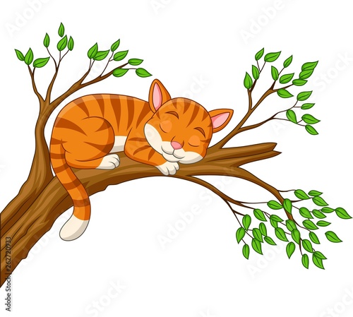Cartoon cat sleeping on the branch