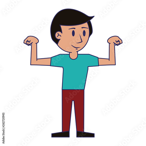 Young man flexing arms cartoon