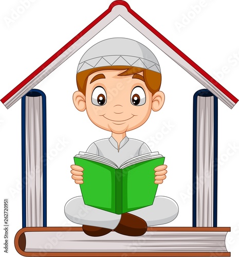 Cartoon Muslim boy reading a book with pile of books forming a house