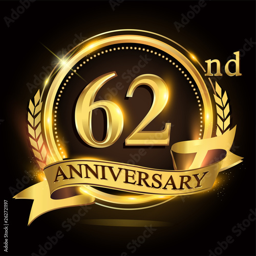 62nd golden anniversary logo with ring and ribbon, laurel wreath vector design.