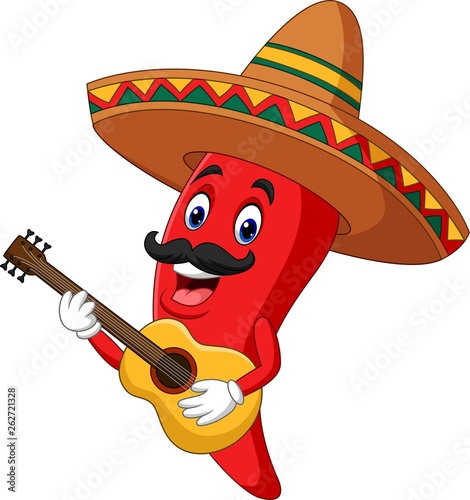 Cartoon happy sombrero chili pepper playing a guitar