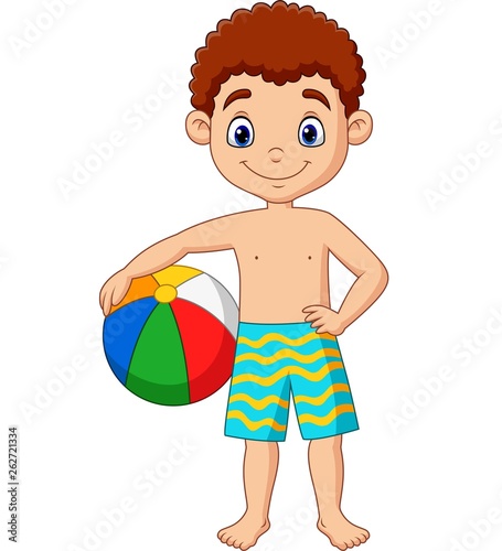 Cartoon happy boy holding beach ball