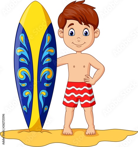 Cartoon little kid holding surfboard