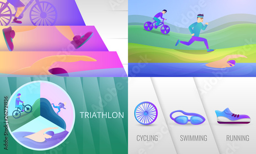 Triathlon banner set. Cartoon illustration of triathlon vector banner set for web design