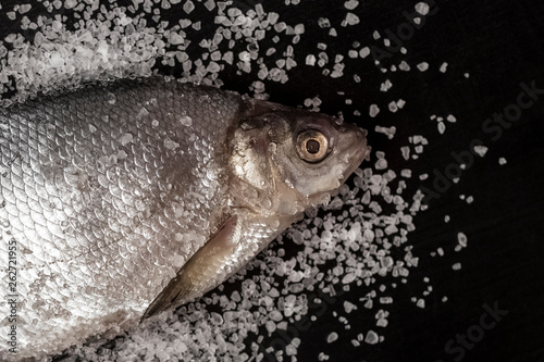 head of the sea bream is sprinkled with coarse sea salt. Salting fish