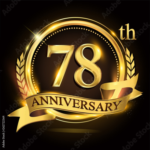 78th golden anniversary logo with ring and ribbon, laurel wreath vector design.