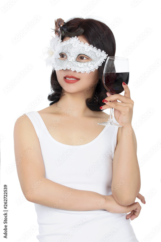 Chinese woman holding glass of wine isolated on white background