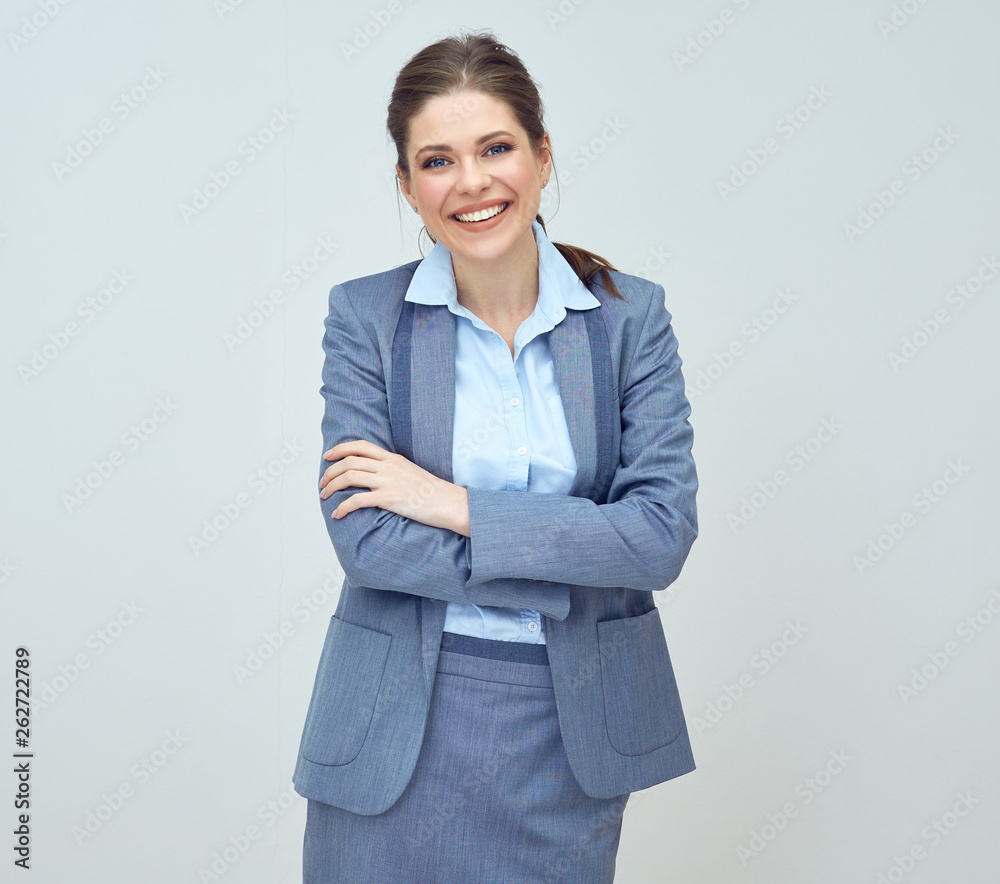 Classic business portrait og young woman wearing gray suit. Classic business portrait og young woman wearing gray suit.