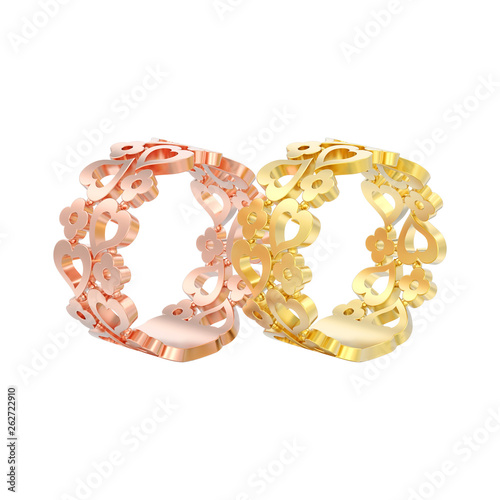 3D illustration isolated two red rose and yellow gold decorative curve out flowers and hearts rings