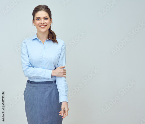 smiling business woman wearing blue shirt isolated