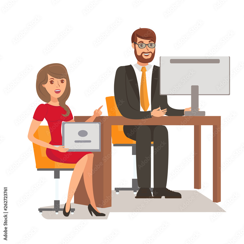 Businessman with Secretary Flat Color Illustration Businessman with Secretary Flat Color Illustration